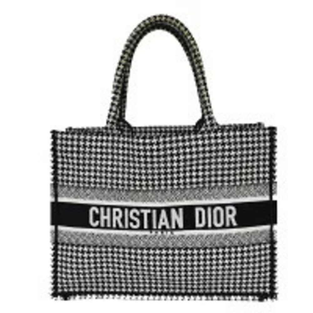 Christian Dior Book Tote Handbag Houndstooth Canvas Leather Black White